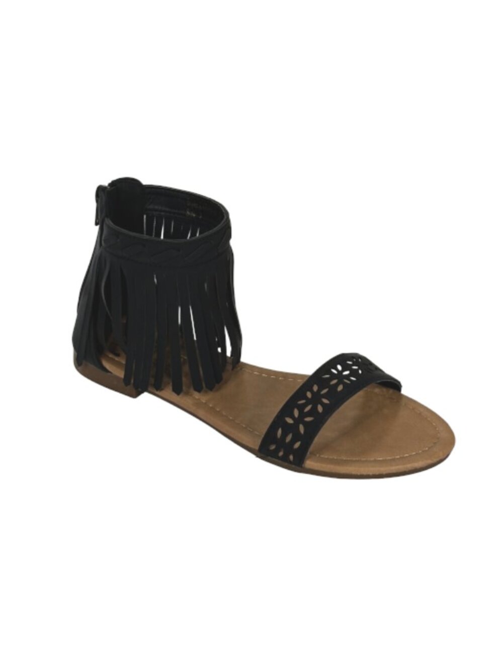 Adriana Cathy-8 Women Black Fringe Ankle Flat Sandal Cutout Strap